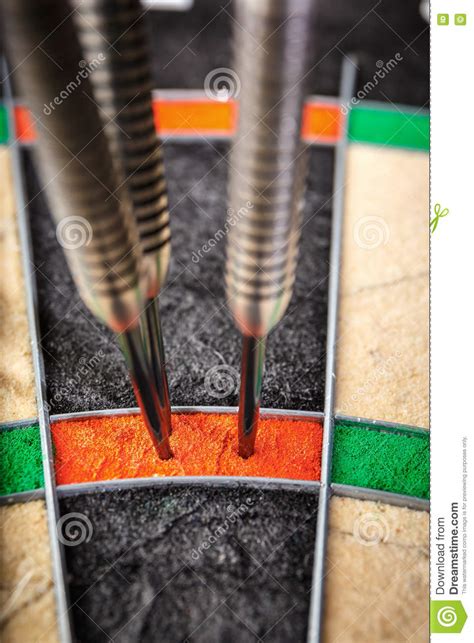 Three Darts Hitting Perfect 180 Score On Dart Board Stock Photo Image