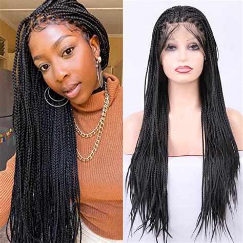 Buy 180 Density Black Box Braided Wigs Pre Plucked Braids Lace Front Wigs For Black Women With