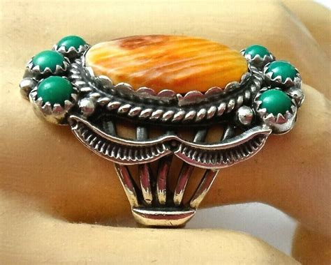 Huge Native American Sterling Silver Spiny Oyster Shell Ring Old Navajo