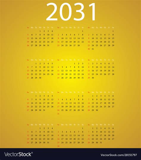Calendar 2031 Royalty Free Vector Image Vectorstock