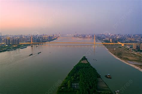 Wuhan City Landmark Sunset Yangtze River Baishazhou Aerial Photography
