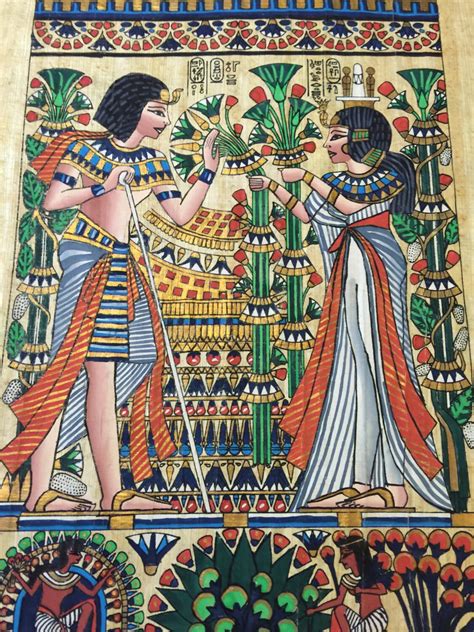 Vintage Hand Painted Egyptian Papyrusking Tut And Queen Ankhesenamun