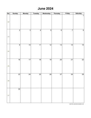 June Calendar Grid Lines For Holidays And Notes Horizontal