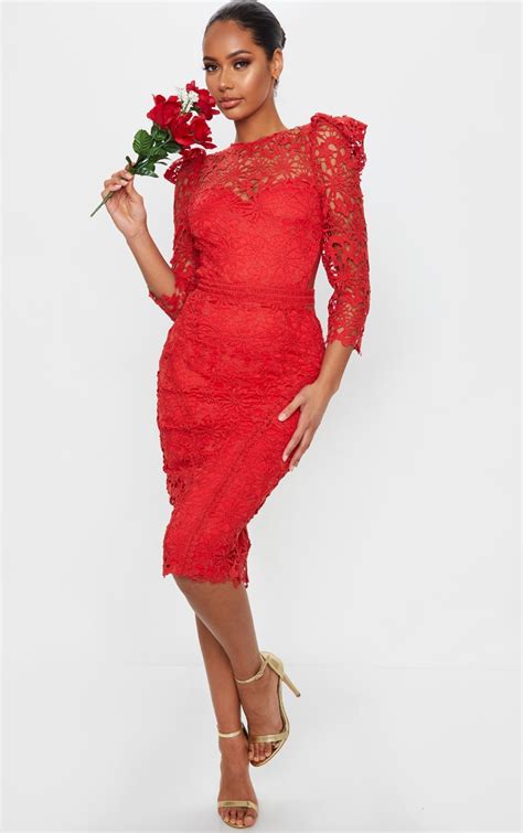 Red Lace Open Back Long Sleeve Midi Dress Prettylittlething Aus