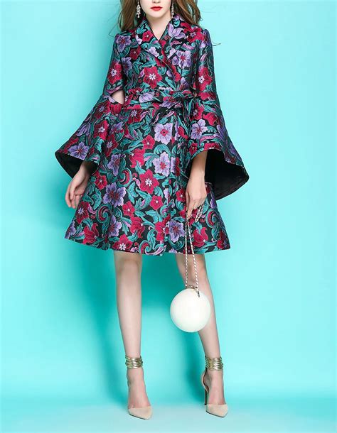 women flower embroidery jacquard skirt trench autumn baroque style flare sleeve belted ball gown