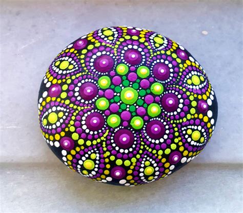 Mandala Stone Purple Green Stones Dot Art Painted Stone Rock Etsy