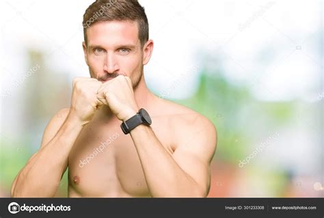Handsome Shirtless Man Showing Nude Chest Ready Fight Fist Defense