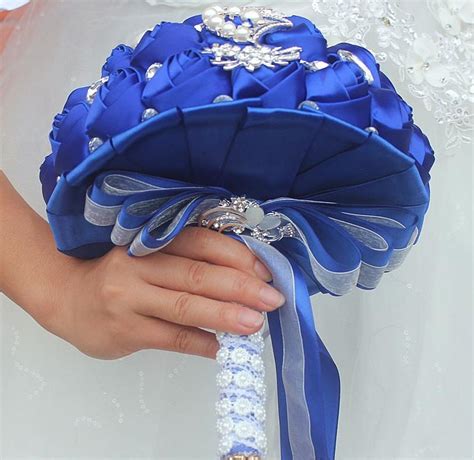 Royal Blue Wedding Bridal Bouquets Satin Crystal Wedding Bouquet With