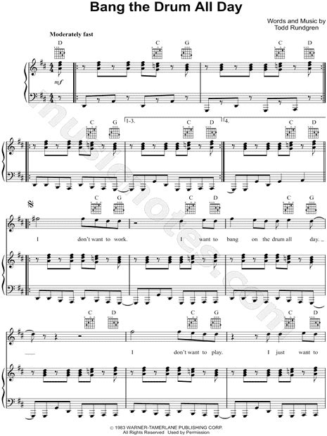 Todd Rundgren Bang The Drum All Day Sheet Music In D Major Transposable Download And Print