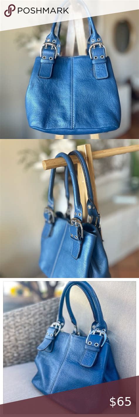 Tignanello Blue Leather Small Handbag W Silver Buckles Small Handbags