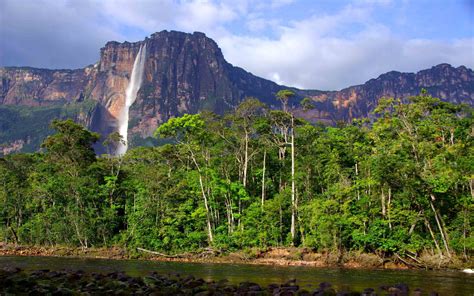 Angel Falls In Venezuela High Rocky Mountains Tropical Forest With