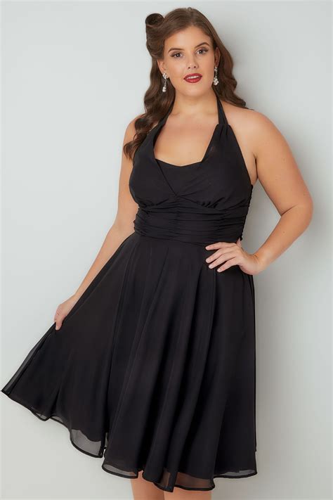 Hell Bunny Black Ruched Chiffon 50s Style Monroe Halter Midi Dress Plus Size 16 To 32