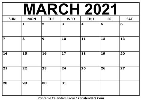 Printable March 2021 Calendar Templates Calendar