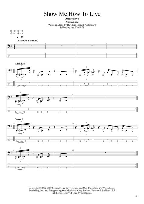 Show Me How To Live Arr Just The Riffs Sheet Music Audioslave
