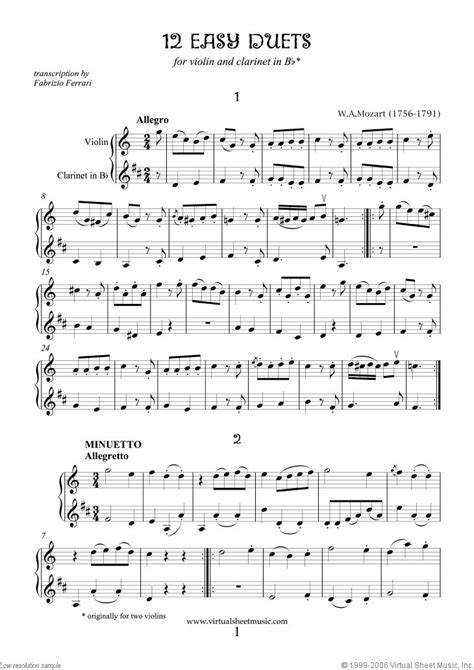 Mozart Easy Duets Sheet Music For Violin And Clarinet Sheet Music