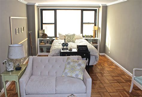 Long And Narrow Nyc Studio Apartment Small Apartment Sized Sofa Back Faces The Bed Visually