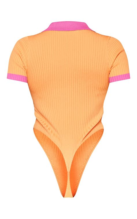 Orange Contrast Collar Rib Knit Bodysuit Prettylittlething Ca
