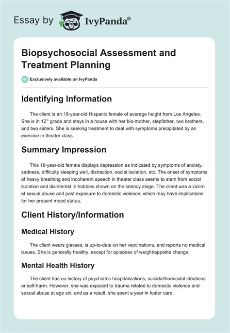 Biopsychosocial Assessment And Treatment Planning 1378 Words Case