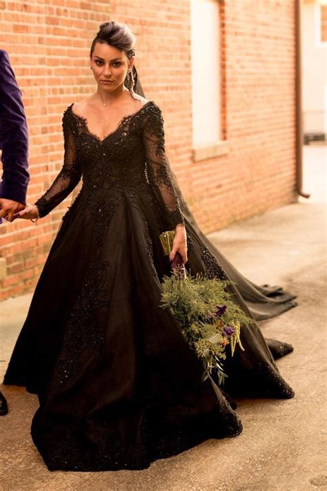 Beaded Lace Black Wedding Dresses Long Sleeves Loveangeldress