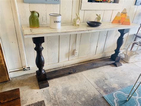 Rustic Farmhouse Entryway Table With Shelve And Turned Legs Dark