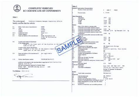 Sample Vehicle Certificate Of Conformity