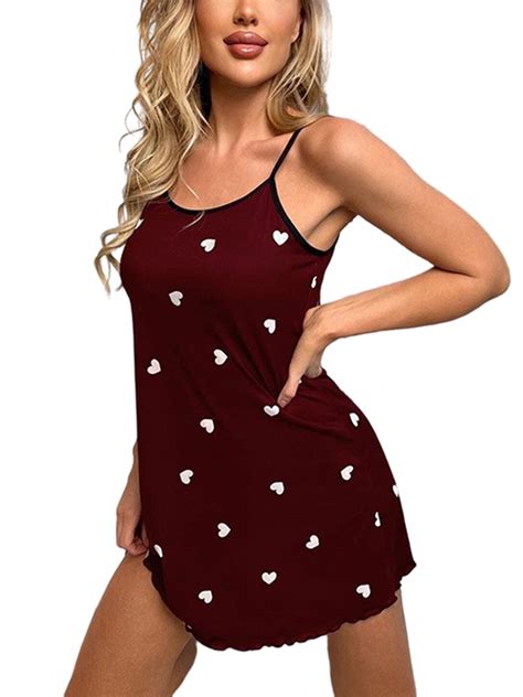 Grianlook Ladies Sexy Pajamas Tank Dresses Cami Spaghetti Strap Heart Print Nightdress