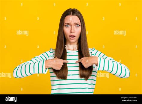 Photo Of Unhappy Upset Lady Dressed Striped Shirt Pointing Fingers Herself Isolated Yellow Color