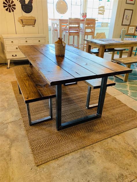 Industrial Farmhouse Table With Benches Rustic Steel Legs Provincial