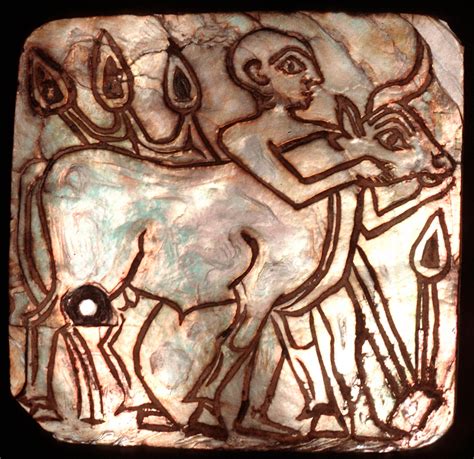 Sumerian Mother Of Pearl Inlay A Bald Headed Priest Leading A Bull