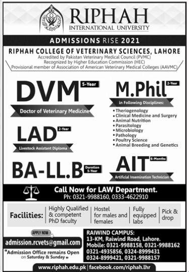 Riphah International University Admissions Rise 2021 Riphah