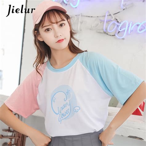 Jielur Sweet Girls Korean Style Women T Shirt Patchwork Hit Color