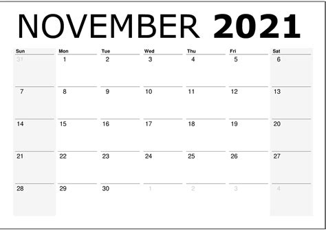 Free Blank November Calendar 2021 Printable Template Pdf Word Excel Page