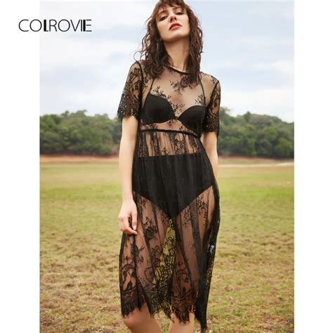 colrovie sheer lace beach dress black vintage boho women sexy midi summer dress fashion short