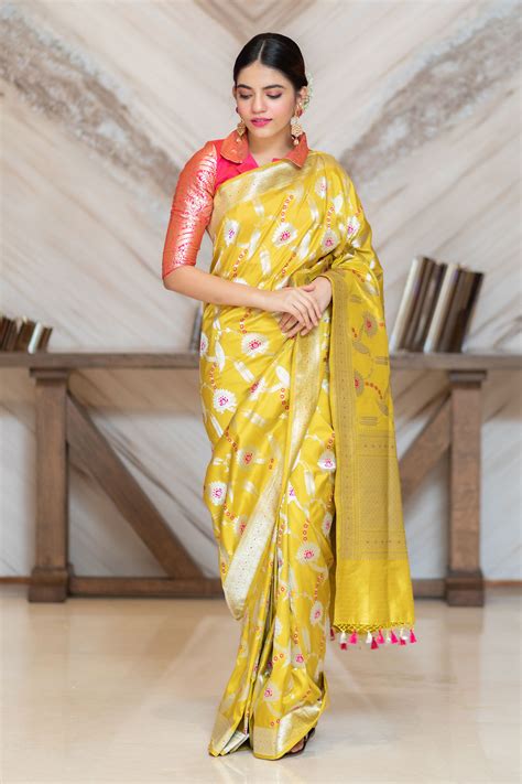 Nirmal Creations Best And Pure Yellow Banarasi Saree With Blouse Piece