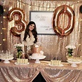 30th birthday rose gold backdrop, rose gold cake table. Classy, sequin ...