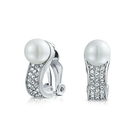 Bling Jewelry Bridal Crystal Fashion White Simulated Pearl Huggie Clip On Earrings For Women