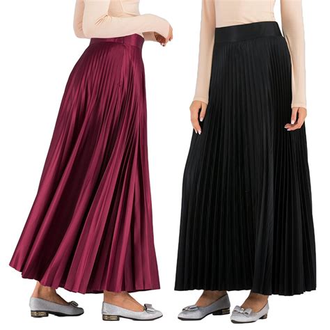 Islamic Women Pleated Skirt Muslim High Waist Long Skirts Flare Swing Maxi Skirts Skater Bottoms