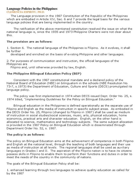 Language Policies In The Philippines Pdf Pdf Philippines Multilingualism