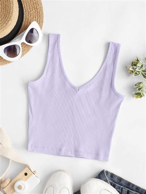 18 Off 2021 Cropped Ribbed Basic Tank Top In Light Purple Zaful