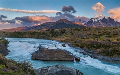 River Waterfall Torres Del Paine Chile Mountain Shrubs Snowy Peak