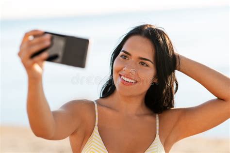 Smiling Woman In Bikini Taking Selfie On Beach Stock Image Image Of