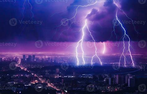 Lightning Storm Over City In Blue Light Created With Generative Ai