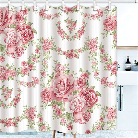 Shower Curtain Pink Roses Flower Bath Set Vine Pattern Waterproof Non Slip With Plastic Hooks