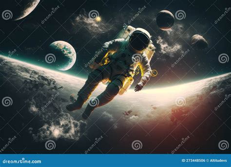 Artistic Astronaut Floating In Zero Gravity With View Of Celestial