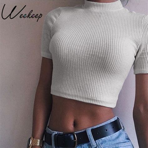 Weekeep Women Basic Cropped Bodycon White T Shirt Summer Slim Short