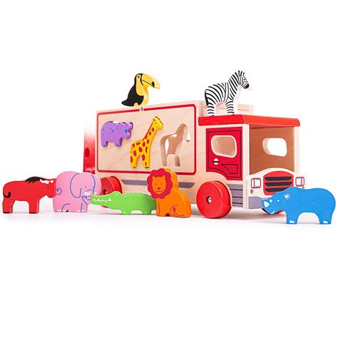 Bigjigs Toys Wooden Safari Shape Sorting Lorry Educational Stack Push