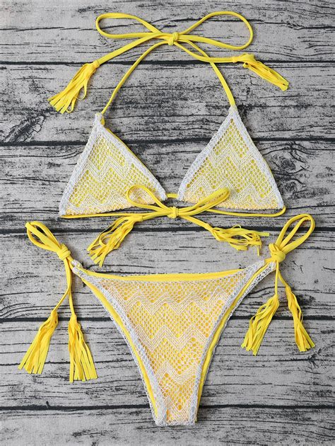 Yellow S Tie Side Tassel String Bikini