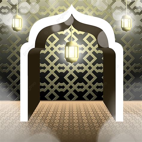 Background Pintu Masjid 3d Dengan Ornamen Dan Lentera Islam Ramadan