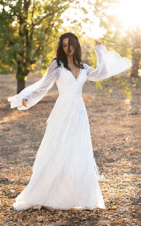 Romantic Boho Wedding Dress With Lace Bell Sleeves Jett Boho