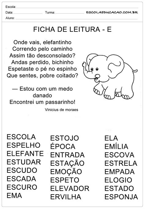 Ficha De Leitura Letra E Elefante Escola Educação